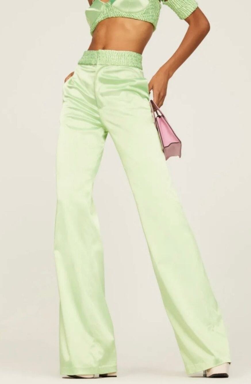 Aliette Green Silk Wide Leg Pants 4